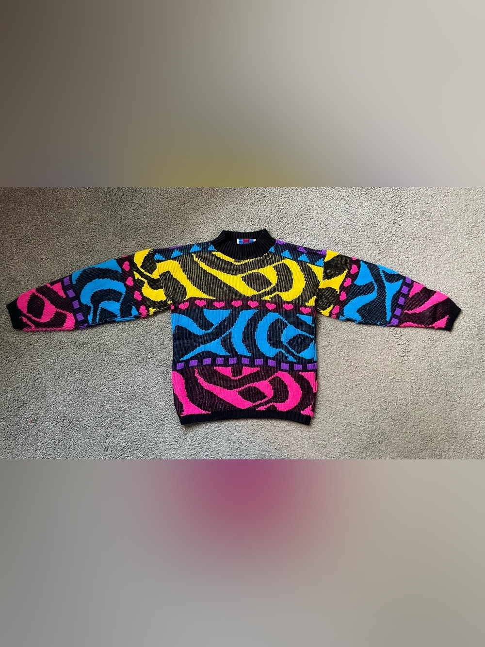 Colorblock Abstract Pattern Kids Sweater - Black with Yellow, Blue & Pink